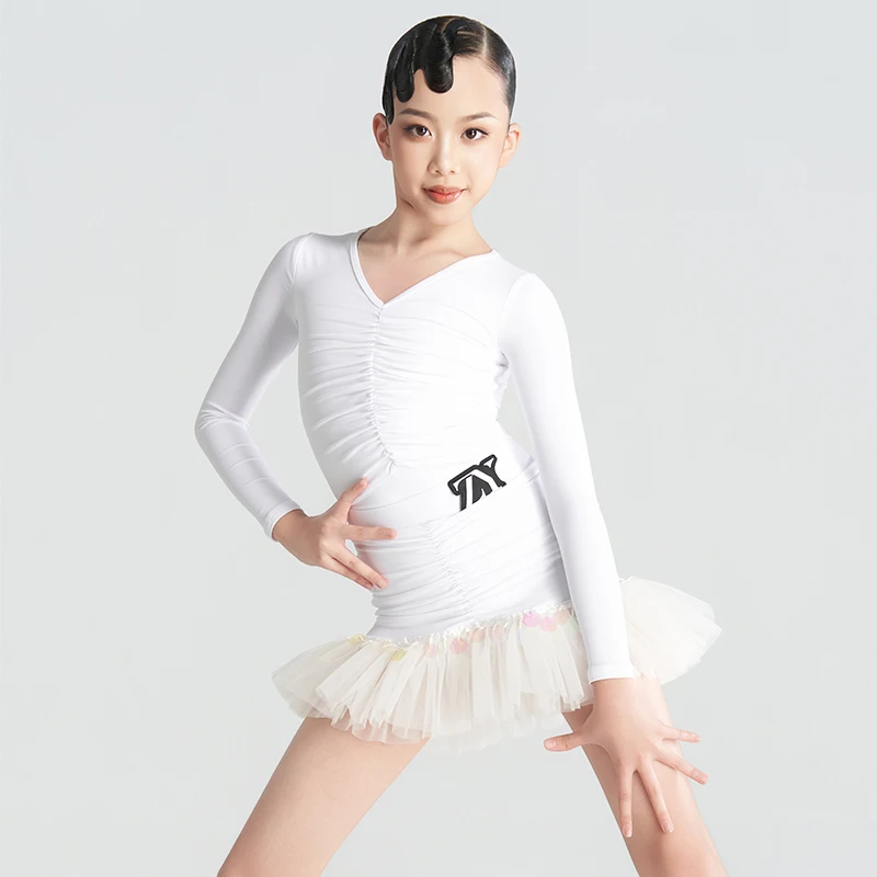 黒ラテンダンス衣装女の子パフォーマンスステージウェアフリルダンスパフォーマンススーツチャチャルンバトレーニング衣装ホワイト VDL4764