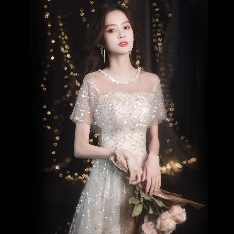 Sequined Evening Dress Women's Sense Special Interest Light Luxury Banquet Temperament Annual Meeting Dinner Host Women Clothing