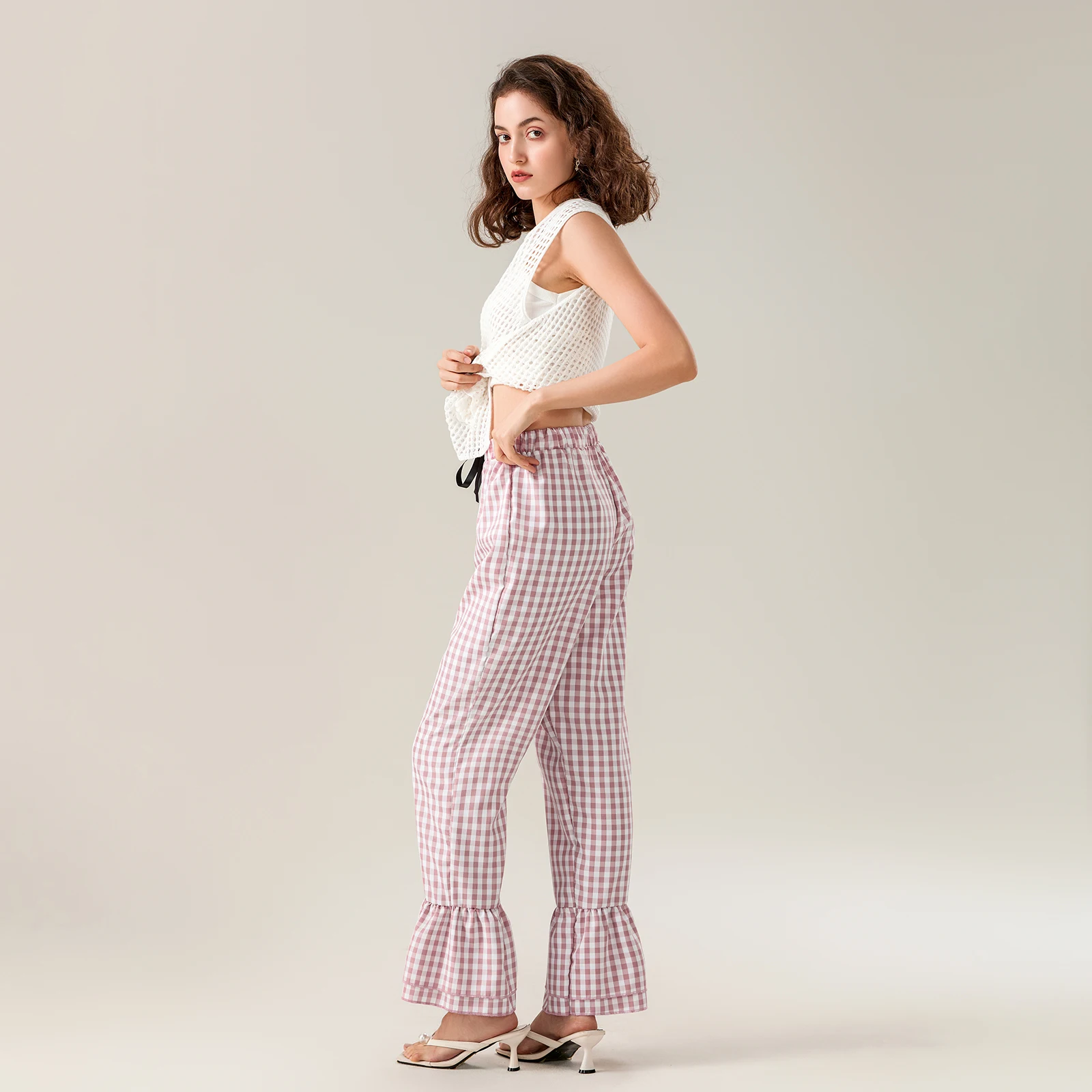 Women Plaid Flared Pants Tiered Ruffled Legs Bow Elastic Waistband Full Length Pull-On Trousers