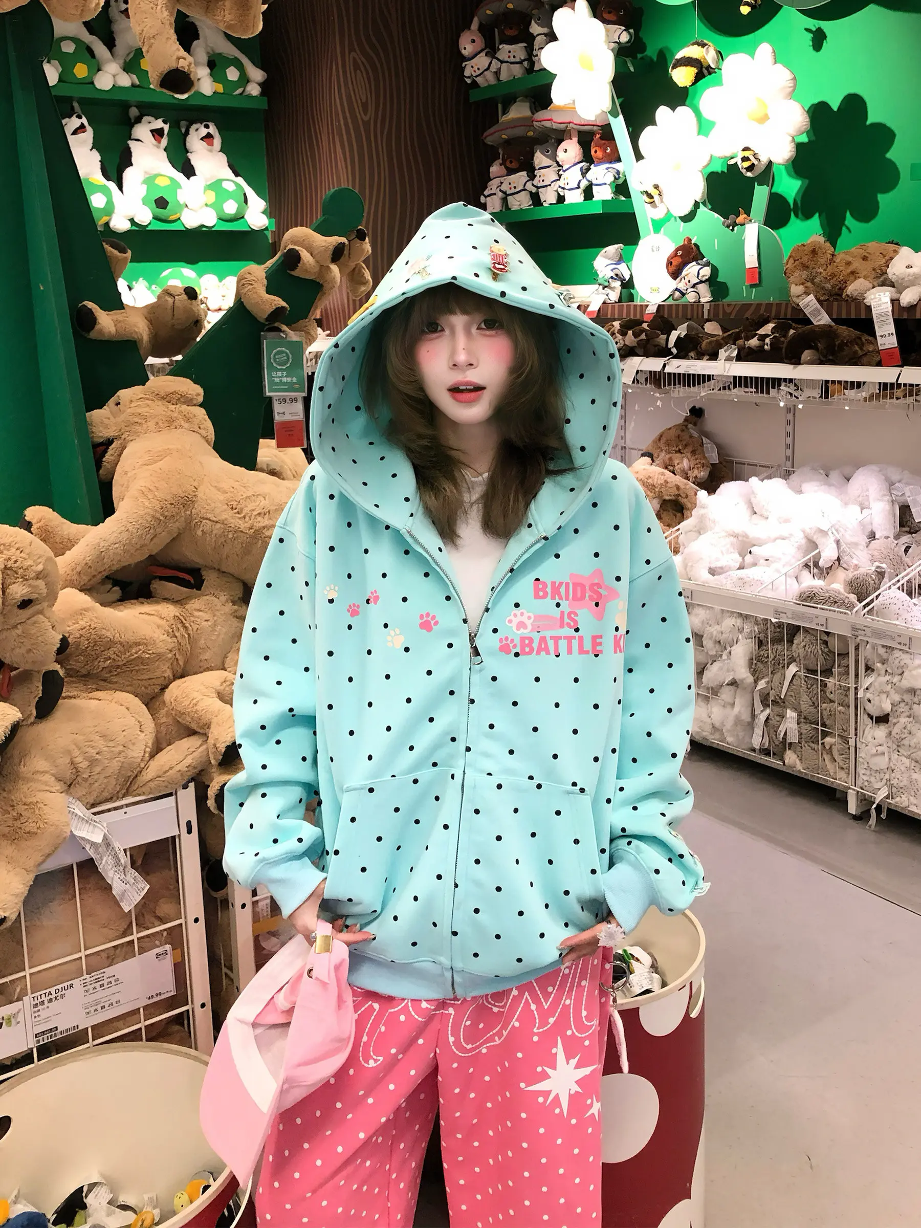 Y2k Zip Up Hoodie Removable Hairpin Polka Dot Hooded Sweatshirt Women's Cute Paw Print Letter Graphic Jacket Loose Casual Jacket