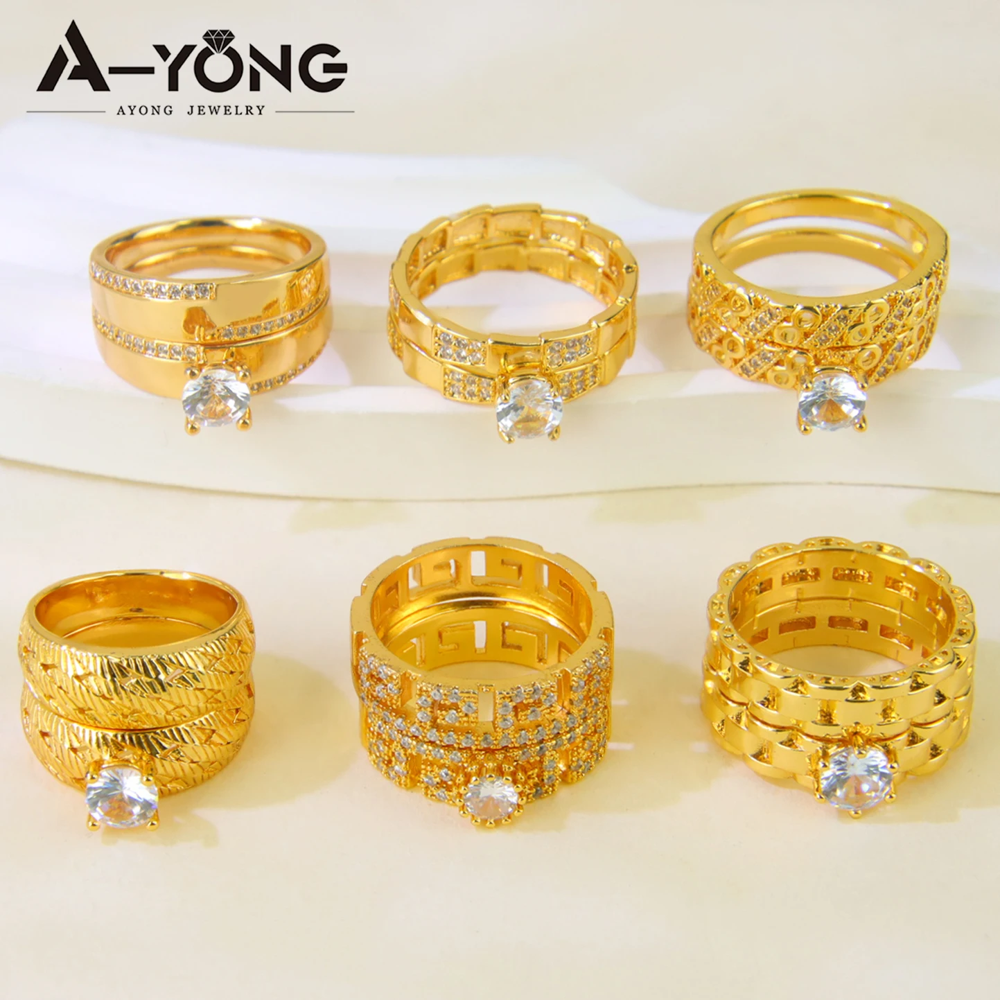 

Dubai Fashion Zirconia Stackable Ring 21k Gold Plated Italian Luxury Round Cut Wedding Rings Nigeria Women Vintage Jewelry