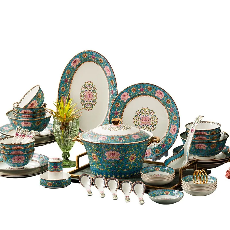 

Chinese light luxury bone china tableware set, household dishes, complete set of bowls, bowls and chopsticks gift batch