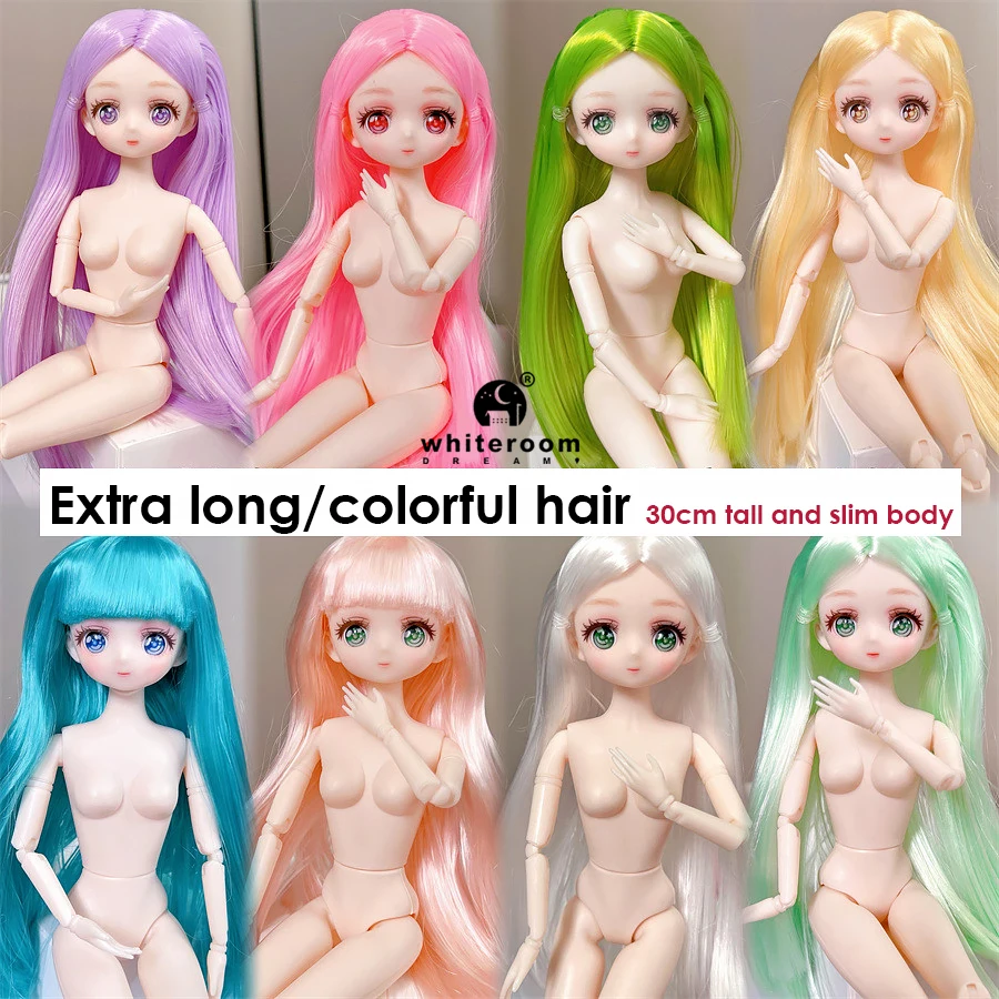 Muñeca Bjd de pelo extralargo para niñas, muñeco de cara de cómic de Ojos de cielo estrellado colorido, desnudo, cuerpo de 30cm, muñeca de niña de