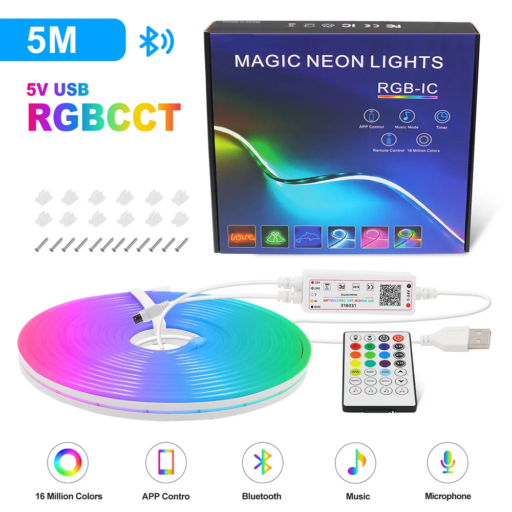 

5 В RGB CCT Светодиодная неоновая лента 5050 2835 2 в 1 Bluetooth 24 клавиши Пульт дистанционного управления WS2812B USB-комплект 108 светодиодов/м IP67 Гибкое украшение