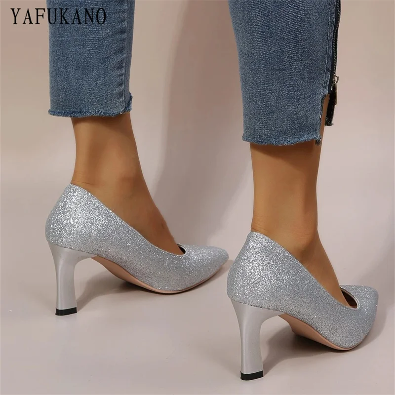 Glitter Point Toe Court Pumps Gold Silver Party Wedding Shoes Women High Heels Fashion Small Thick Heel Comfort Bridal Shoes 33