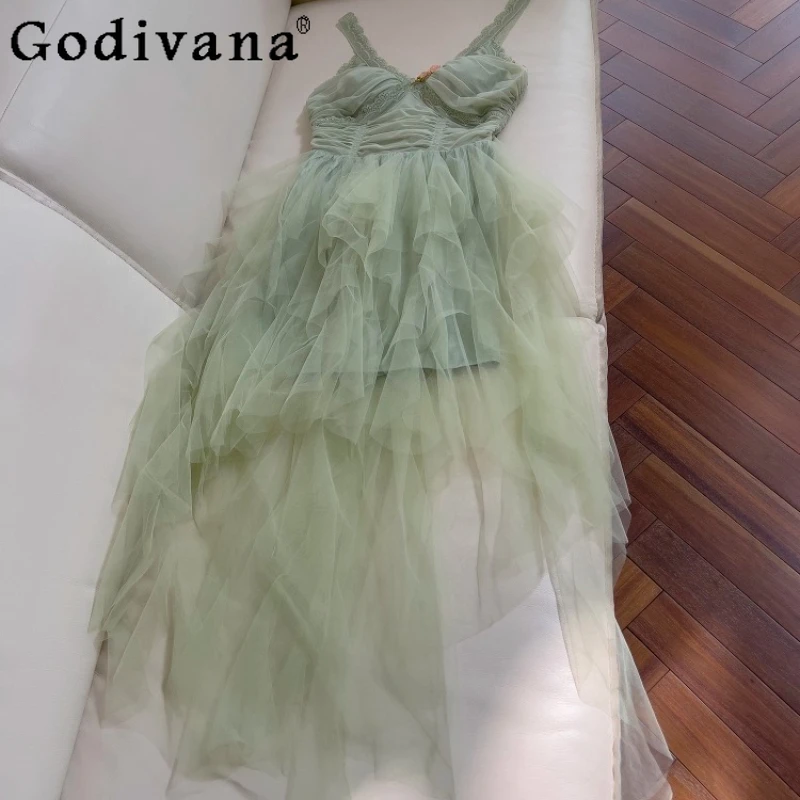 French Style Luxury Birthday Mini Dress Women Princess Green Mesh Strap Dress Female Vacation Forest Style Long Dress