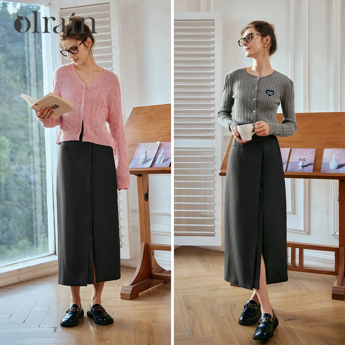 OLrain Dark Gray Split Midi Skirt Women 2025 Spring Commute Elegant Front Slit Skirts Office Ladies Workwear Clothes O24CB88329