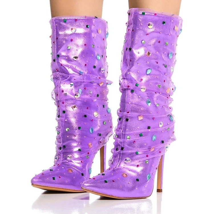 

Purple Stiletto Lace Shoes Women'S Elegant Pointy Toe Colorful Crystal Slip On Rhinestone Heels Fashion Mid-Calf Boots