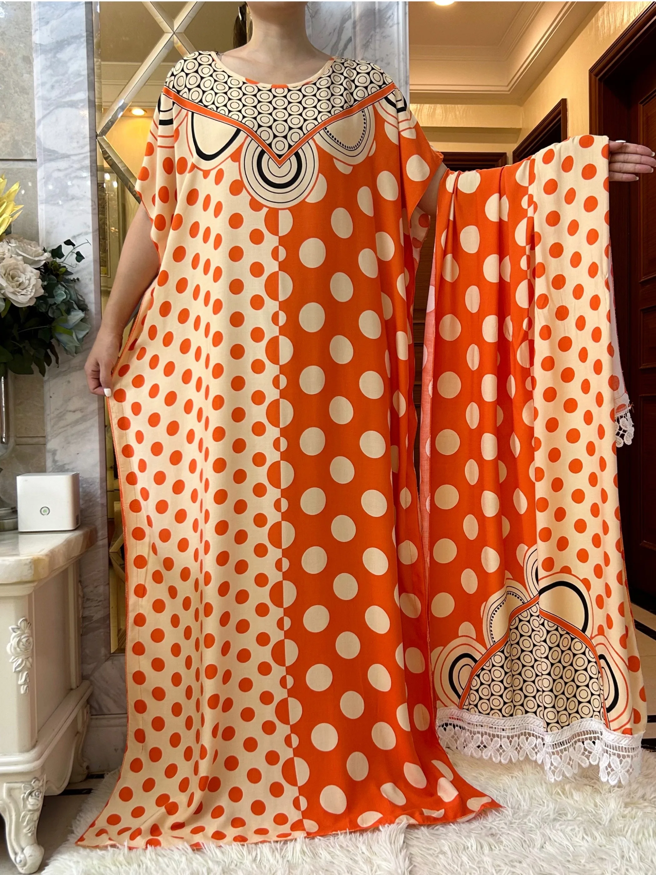 Summer Dress For Women Printed Appliques Cotton Moroccan Caftan Loose Femme Robe African Nigeria Dresses With Big Lace Scarf