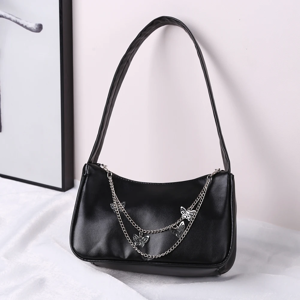 Butterfly Chain Shoulder Bag for Women PU Leather Shopping Bags Y2k Small Tote Handbags Purse Solid Color Trendy Underarm Bag