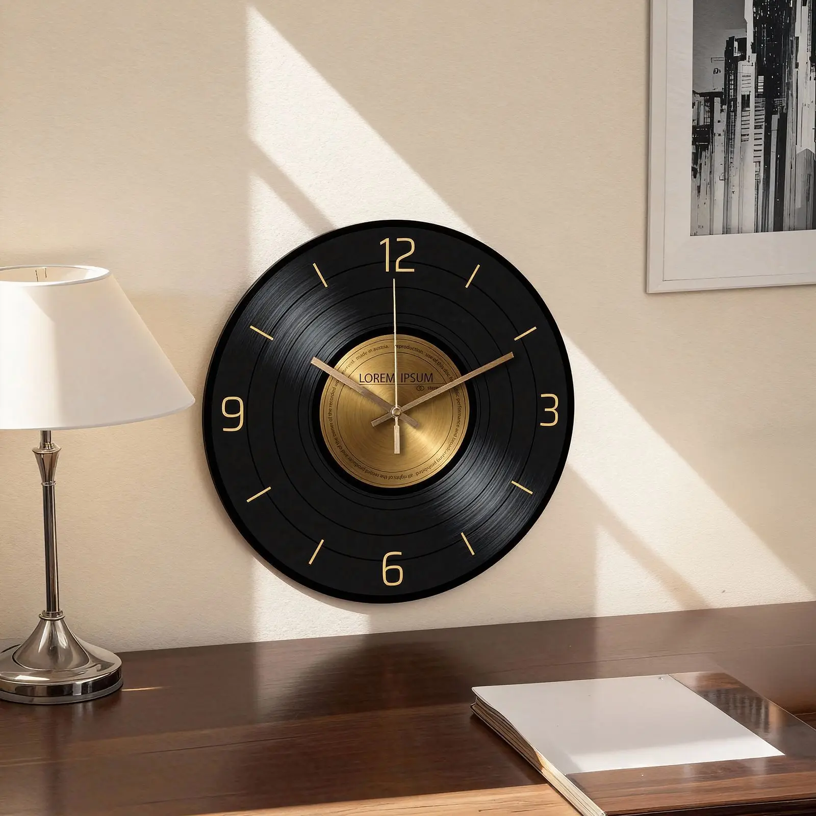 American Retro CD Record Vinyl Wall Clock, Home Living Room Creative Clock, Wall Decoration Tempered Glass Clock