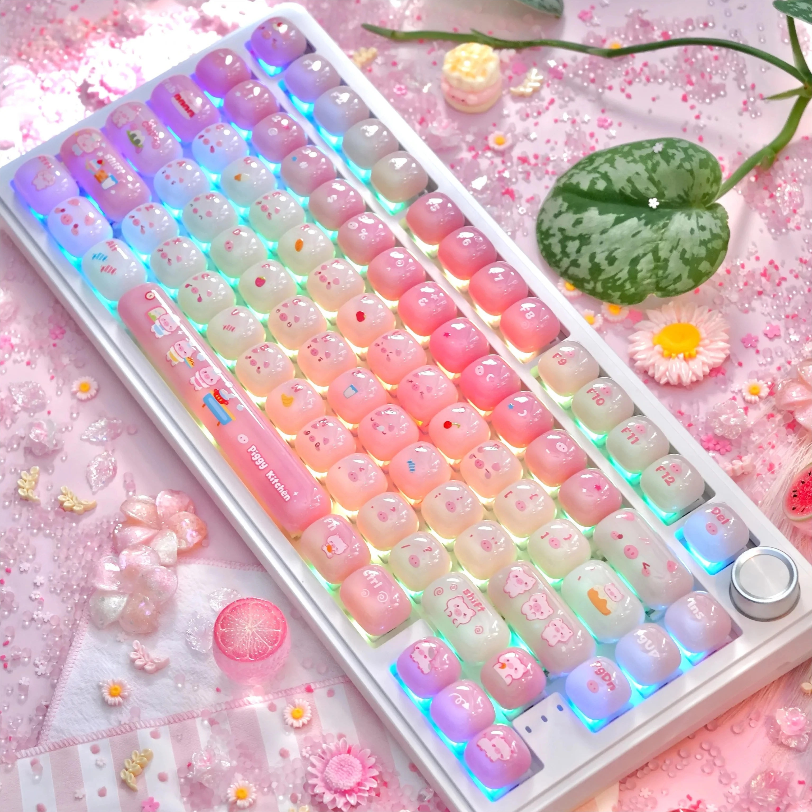MAIMOOO Piggy Soft Candy Keycaps MOG Profile PC Translucent Round Cute Mantou Shape Pink Jelly Keycap for Mechanical Keyboard