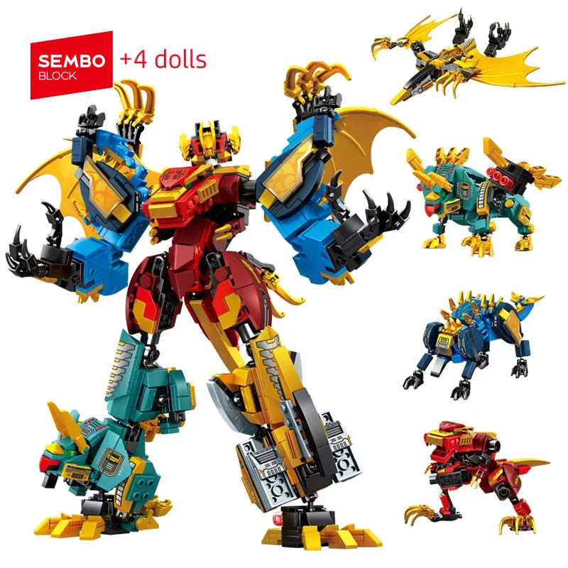 SEMBO BLOCK 4IN1 Dinosaur Transforming Mecha Assembly Buidling Blocks MOC Robot Models Collectible Ornaments DIY Birthday Gifts