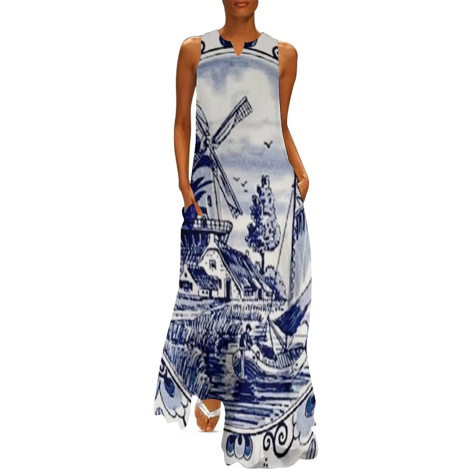 DUTCH BLUE DELFT: Vintage Windmill Print Long Dress Long dresses Women's skirt luxury dresses Dress