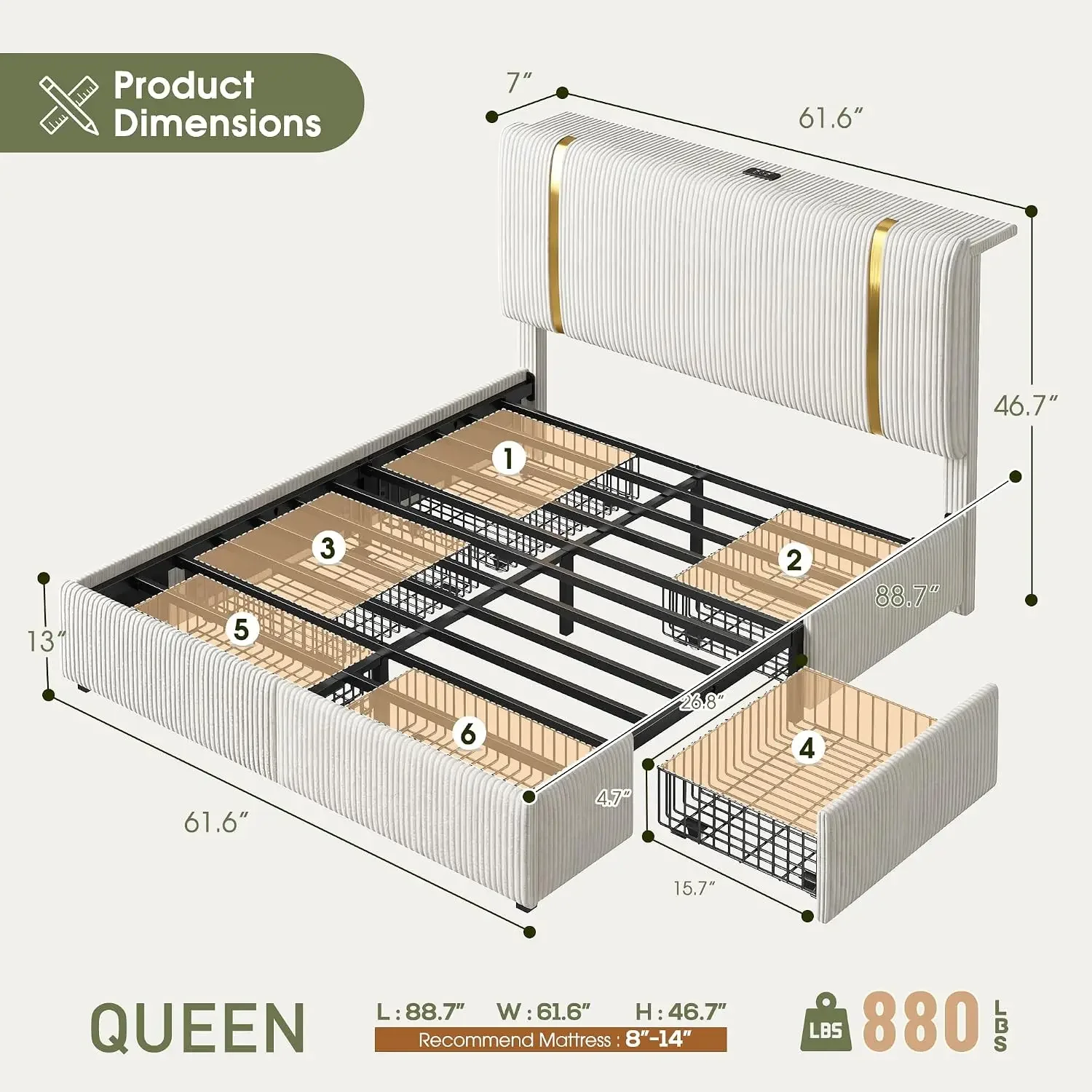 Queen Corduroy Bed Frame with 6 Drawers&Adjustable Headboard,Beige | LED light & Charging Station, Noise-free, No box spring nee