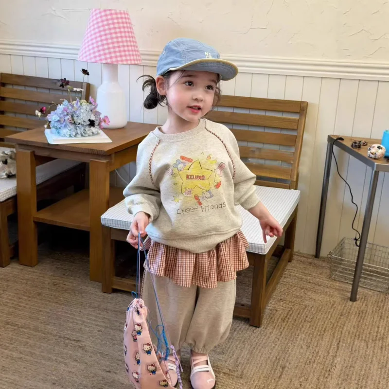 

Korean children's clothing26Spring style cute graffiti sweatshirt and plaid skirt sweatpants two-piece set for girls and toddler
