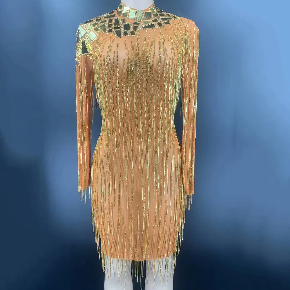 Shininig Gold Sequined Crystal Tassel Women Dress Long Sleeve Tight Stretch Short Dress Nightclub Singer Dancer Stage Wear