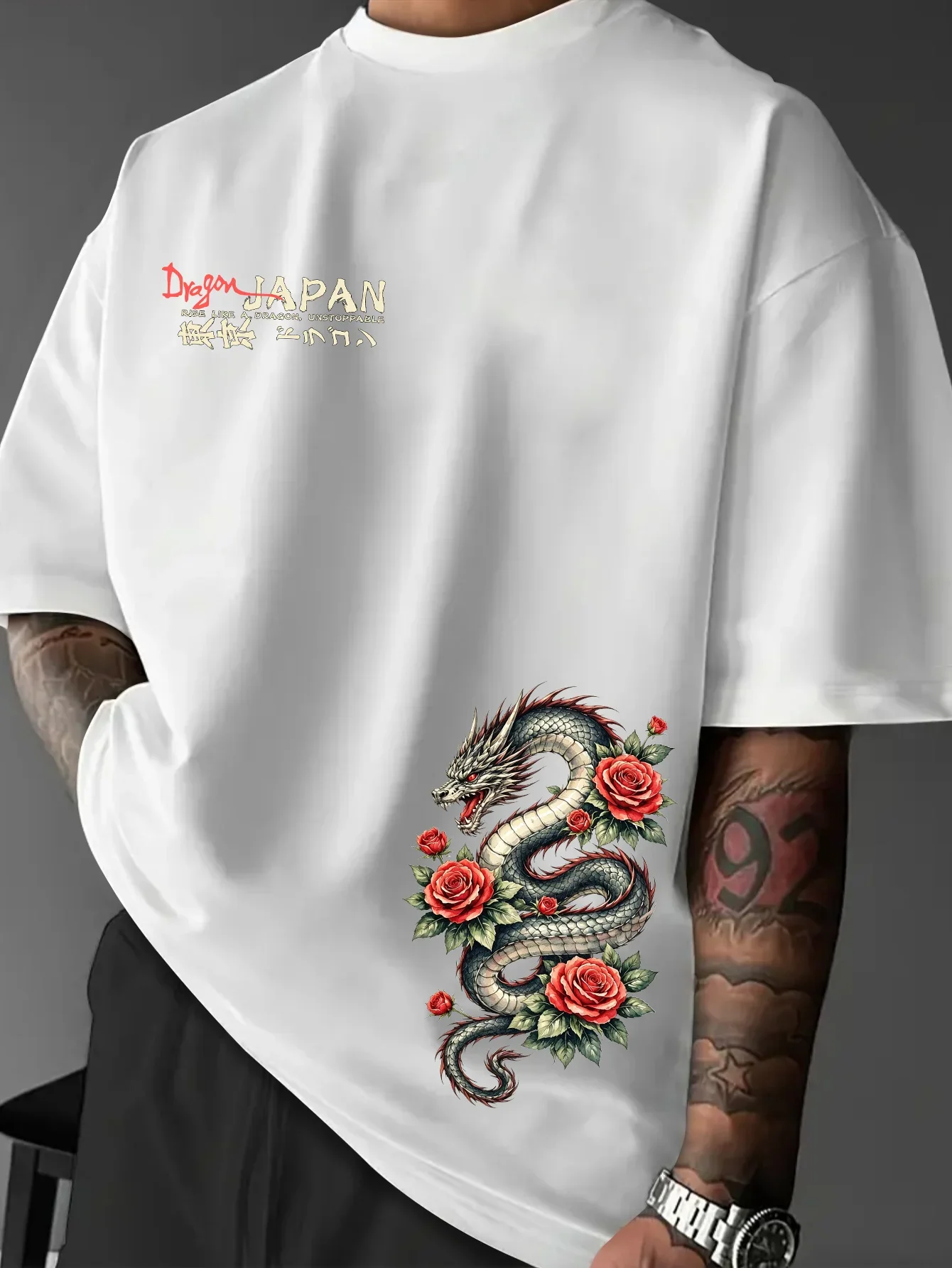 Men Japanese Dragon T Shirt Red Rose Japan Letter Graphic Print Oriental Streetwear Oversized Casual Short Sleeve Tee Summer Top