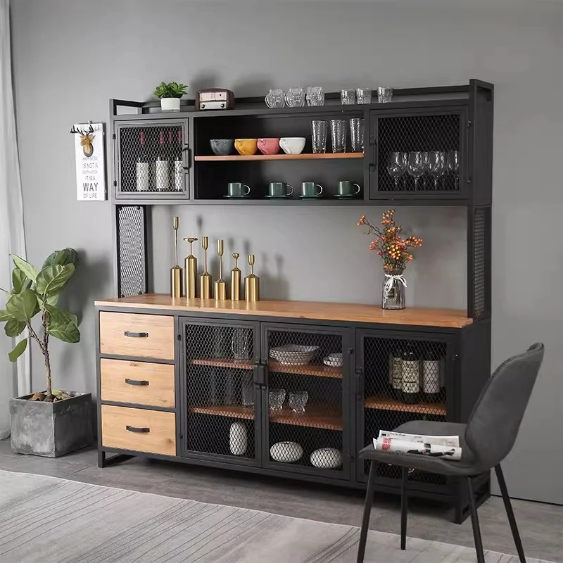 

Industrial style wrought iron dining side cabinet solid wood multi-functional kitchen living room dining room combination