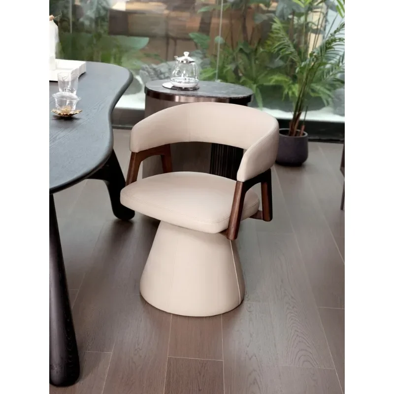 

Aesthetic black walnut, leather solid wood tea chair light luxury, premium rotating dining chair master single chair