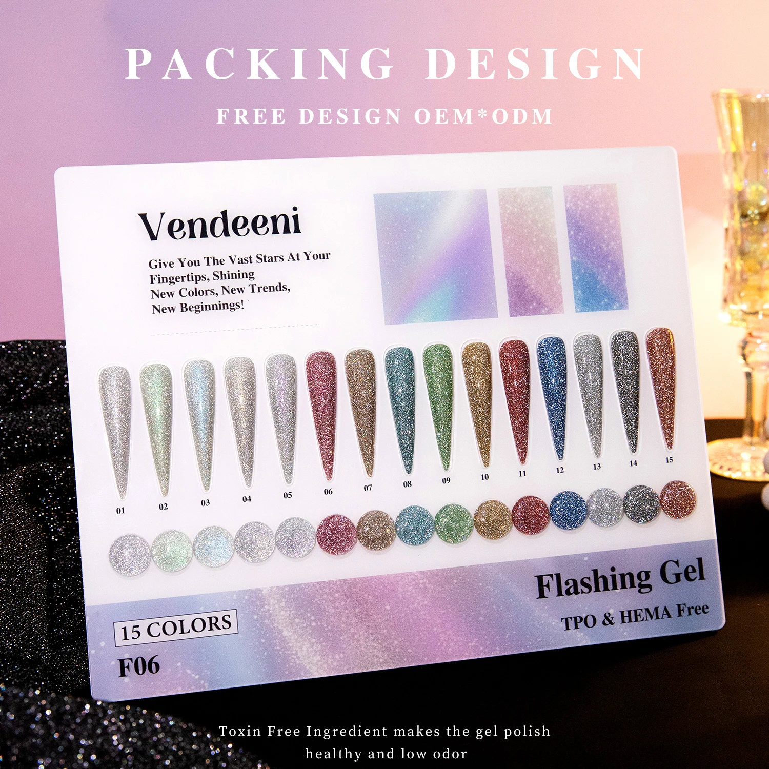 Vendeeni 15colors Reflective Disco Diamond Gel Nail Polish Set Collection FREE HEMA TPO OEM Esmalte Reflective Vernis Gel Polish