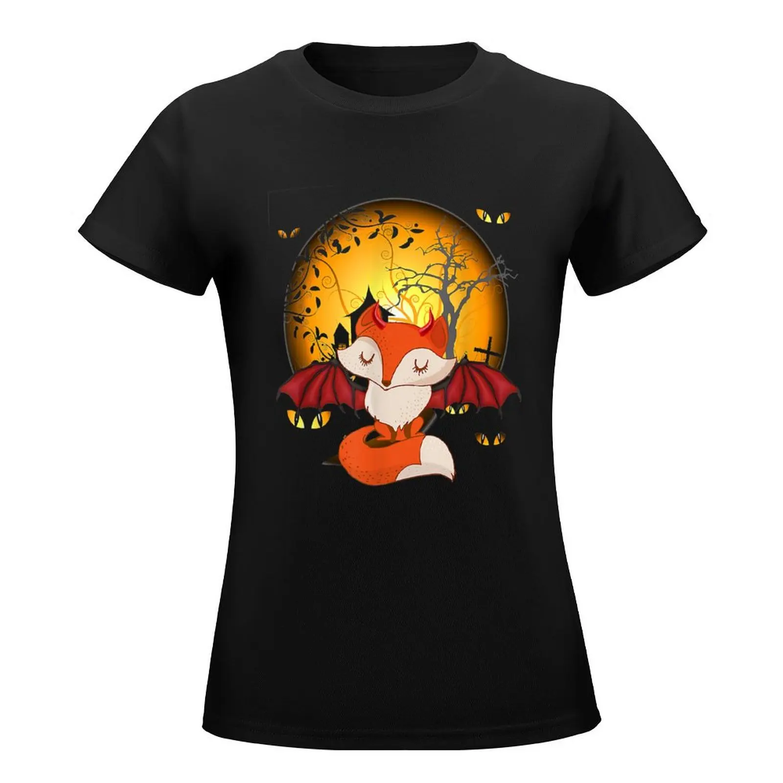 Halloween - Fox With Bat Wings T-Shirt gładka Estetyczna odzież urocze ubrania letnie topy Bawełniana koszulka damska