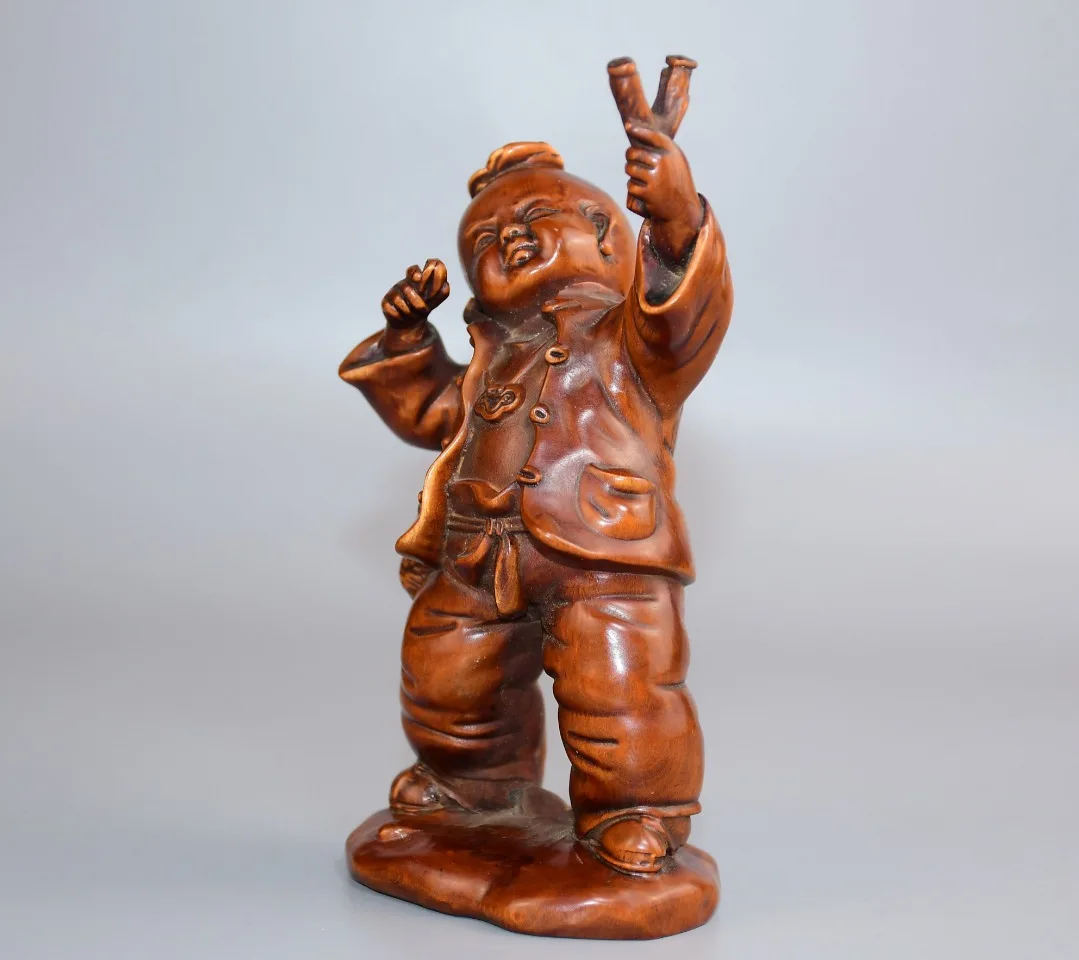 Collection Old Boxwood Child statue Childlike Delight little boy Take the slingshot play Wenfang Amass wealth Ornaments