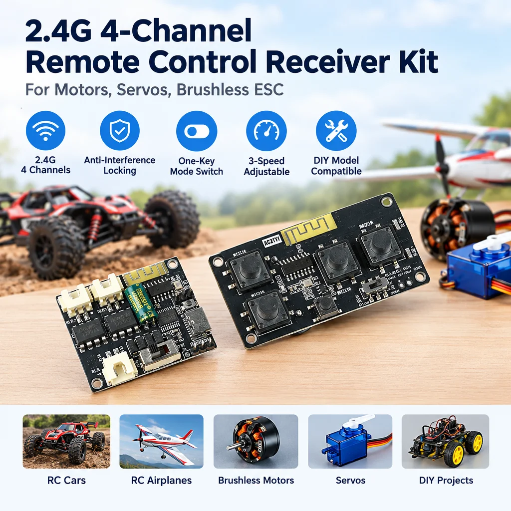 2.4GHz 4-Channel Remote Control Receiver Kit with 3-Speed Adjustment and Multi-Mode Switching for DIY Motors & Brushless ESCs
