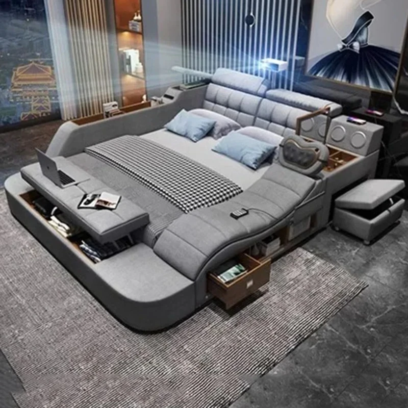 

Modern Aesthetic Double Bed Multifonction Storage Salon King Double Bed Luxury Smart Lit Intelligent Multifonctions Furniture
