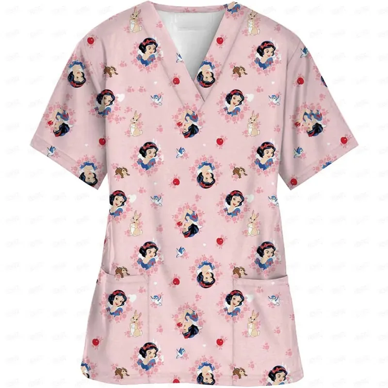 Womens Short Sleeve V Neck Disney Princess Print Top Nursed Working Blouse With Pockets Mock Hospital Nursing Uniform Accessory