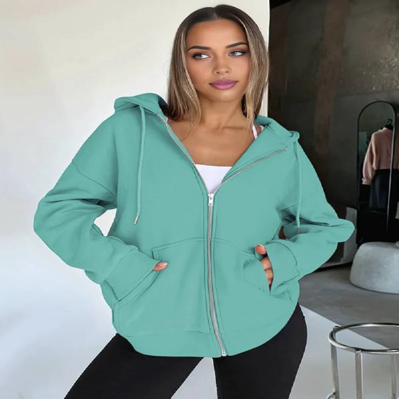 Women's Hooded Zip-Up Sweatshirts Oversized Solid Long-Sleeved Coats Simple Fashion Woman Clothing Casual Hoodie Outerwears