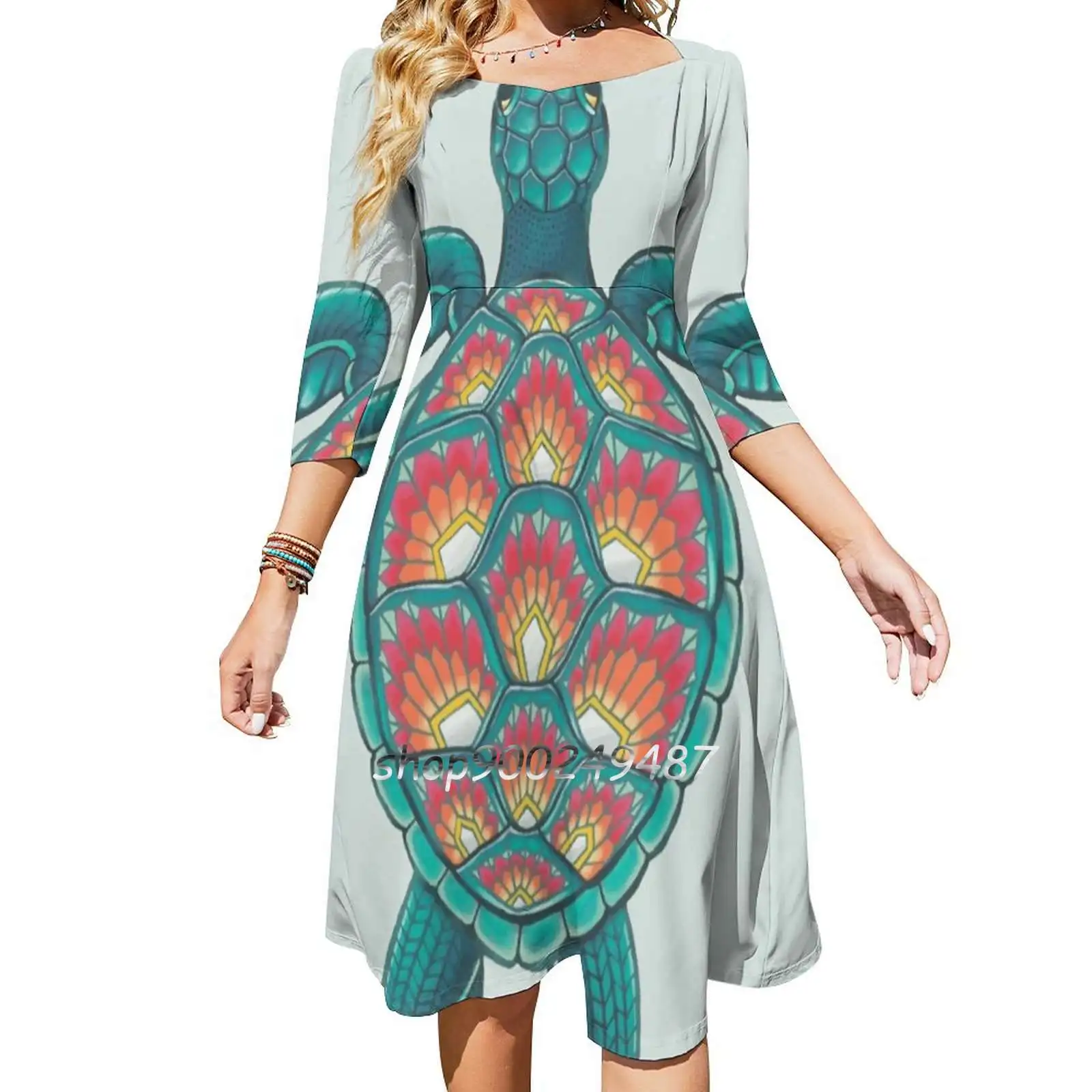 Mandala Turtle Women Spring Autumn Long Sleeve Dress Female Casual Dress Mandala Hippie Turtle Tortoise Reptile Reptilian