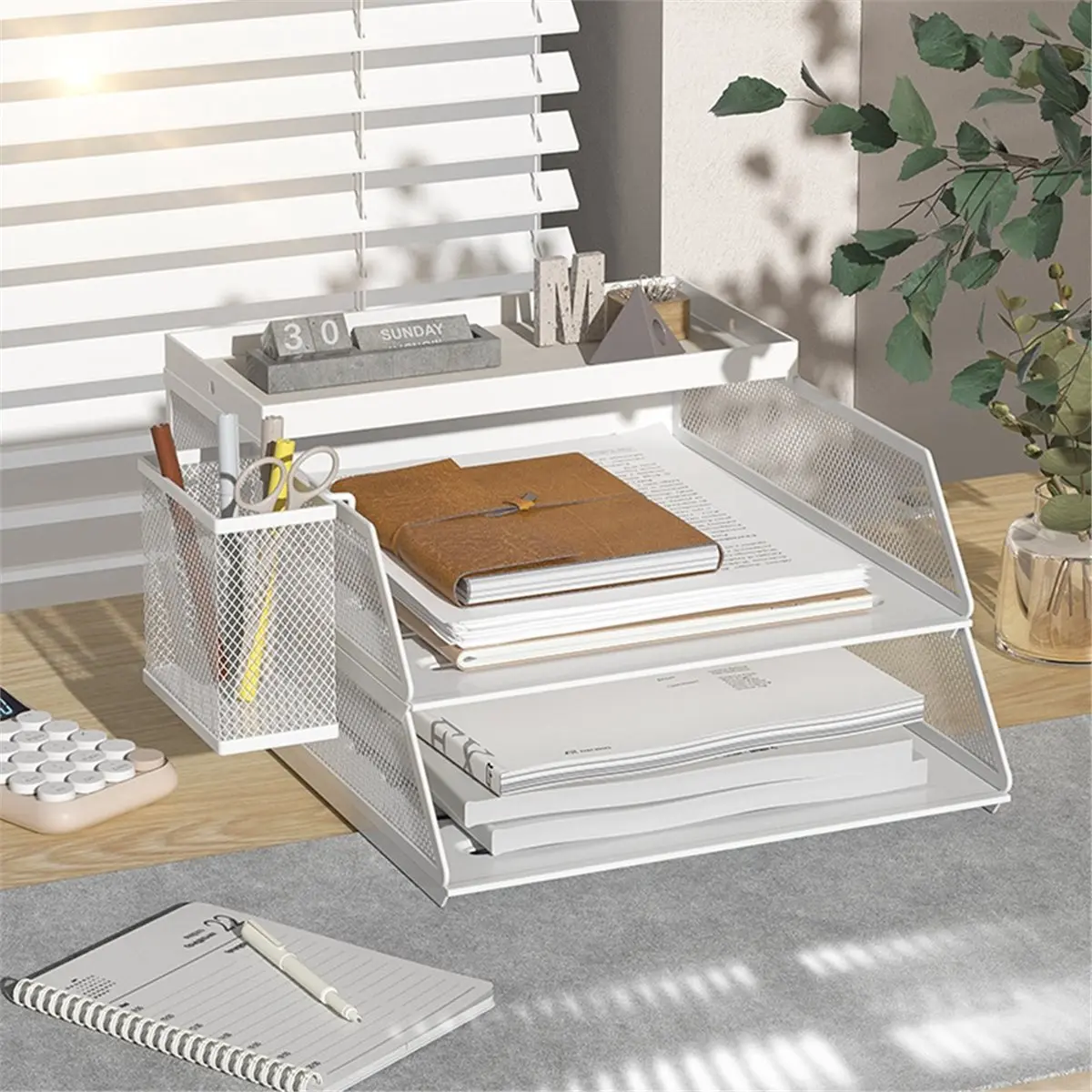 Eco-friendly Desktop File Organizer, Storage Rack with Hanging Pen Holder and Leather Padded Metal Frame. Black + Green Leather