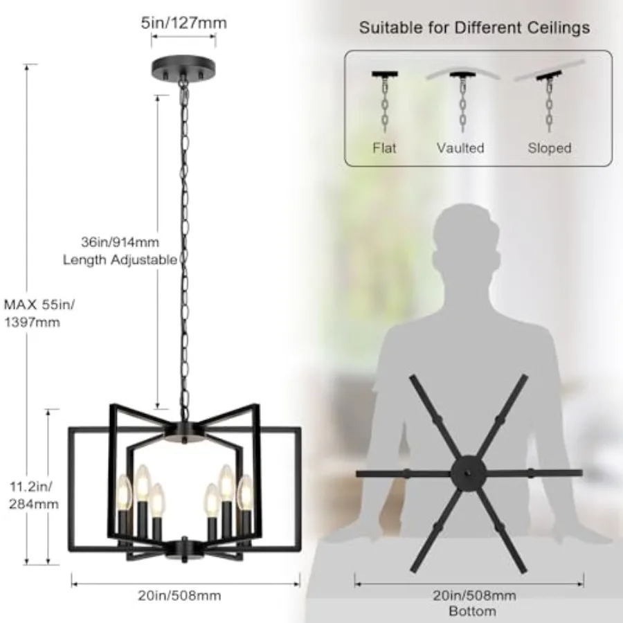 Farmhouse Chandelier, 6 Light Geometric Dining Room Light Fixture, Modern Industrial Metal Ceiling Light Rustic Hanging Pendant view 2