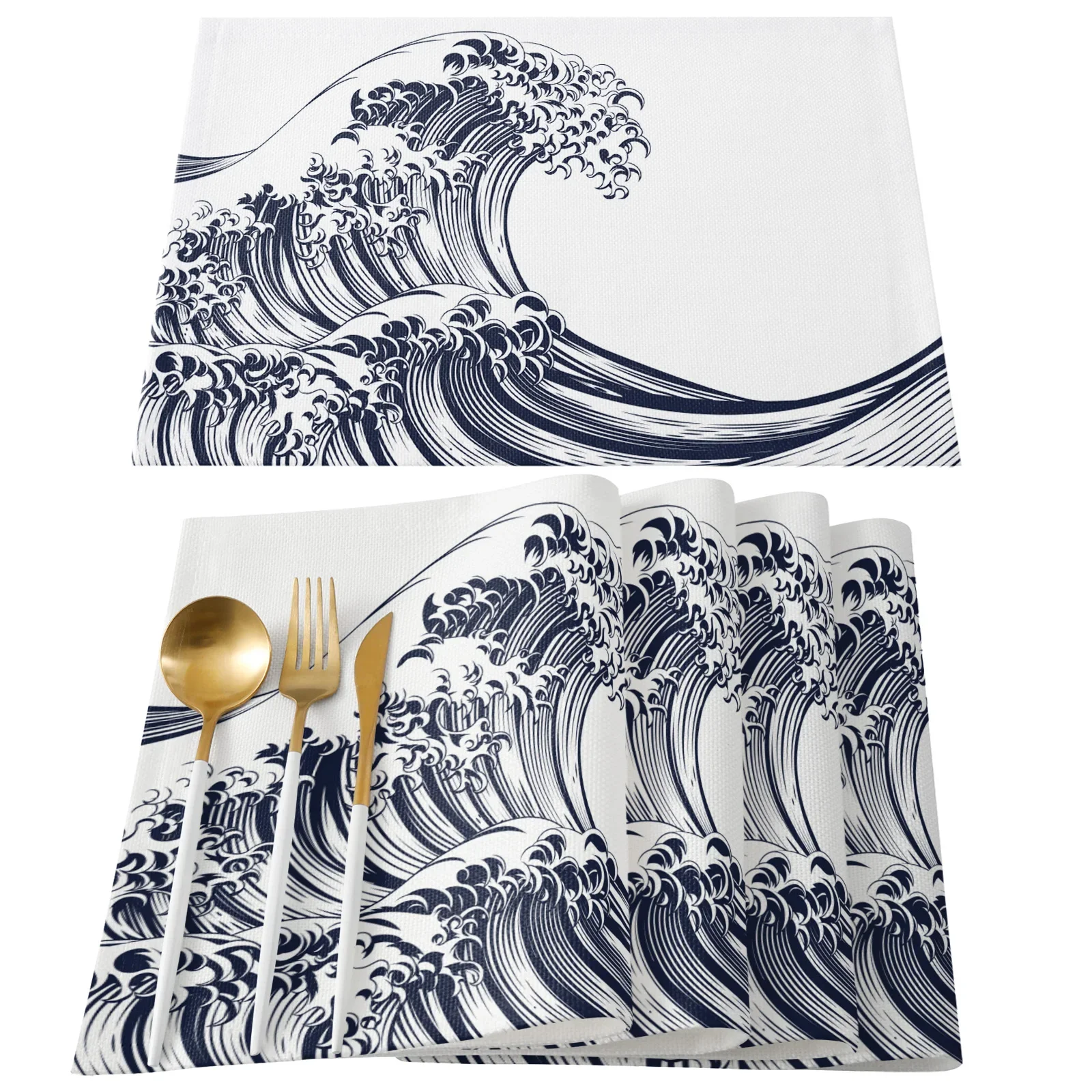 Simple Wave Japanese Wave Art Placemats Set of 4/6pcs Kitchen Coffee Accessories Coasters Home Dining Table Decor Linen Mats