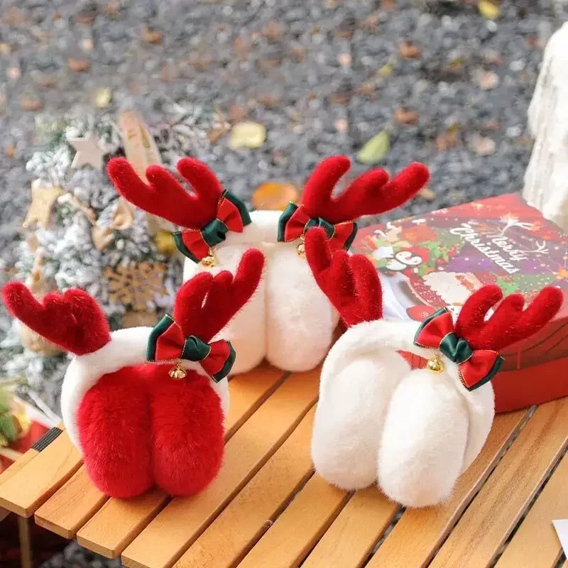 Winter Christmas Antler Earmuffs Deer Horn Bowknot Bell Ear Muffs Foldable Earflap Ear Warmer Thickened Warm Plush Ear Cover