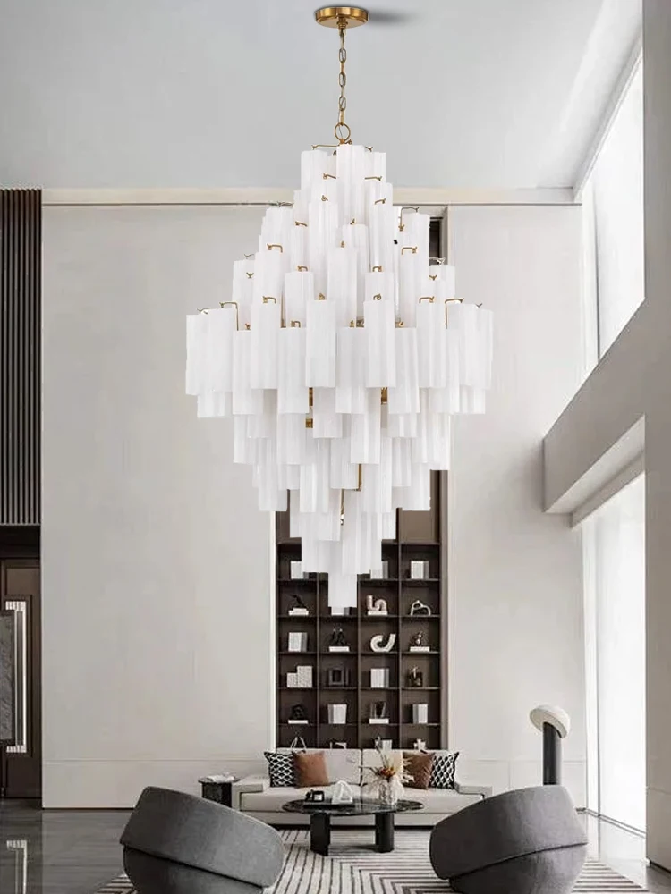 Classic Gray Glass Large Ceiling Pendant Light Vintage High-ceiling Stairwell Lobby Decoration Hanglamp Lamparas White Glass