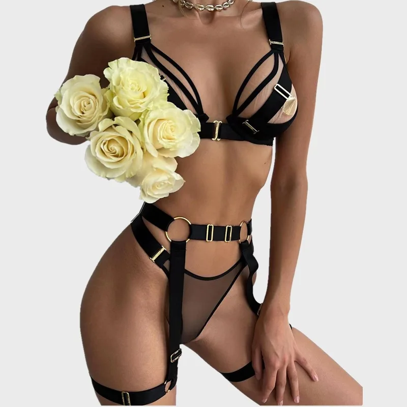 

Yimunancy 3-Piece Cut Out Lingerie Set Women Black Sexy Erotic Set Gothic Garter Fancy Mesh Brief Kit