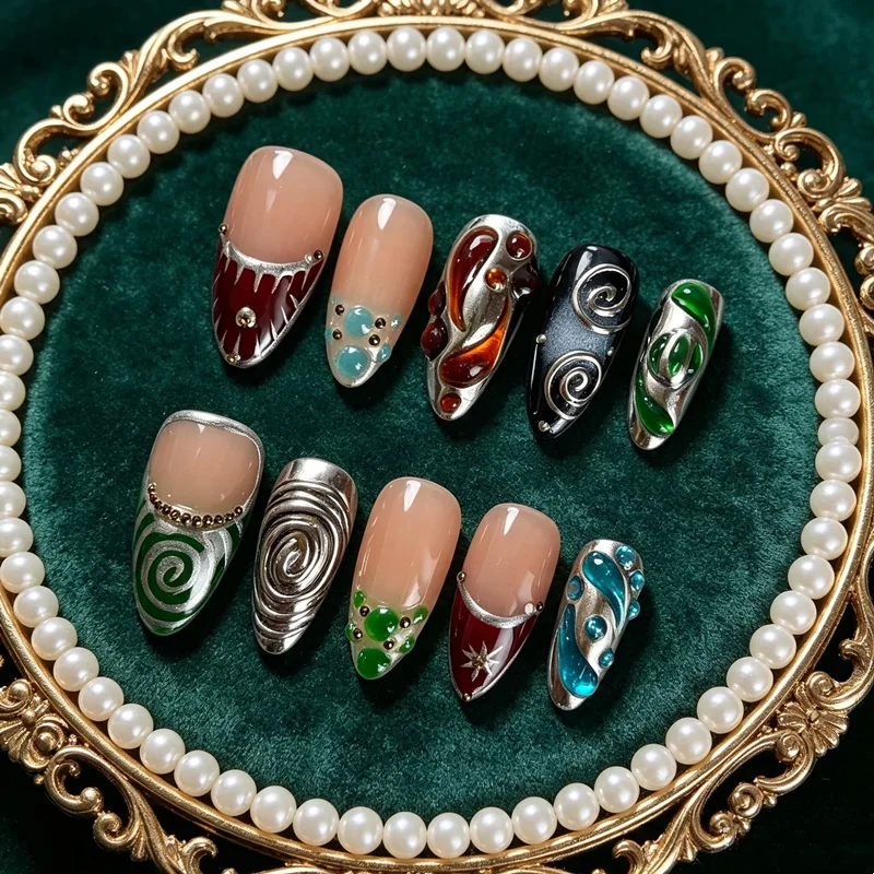 10PCS Handmade False Nails Press on Reusable Adhesive Fake Nails Ripples French Manicure Wearable Woman Finger Tips Customized