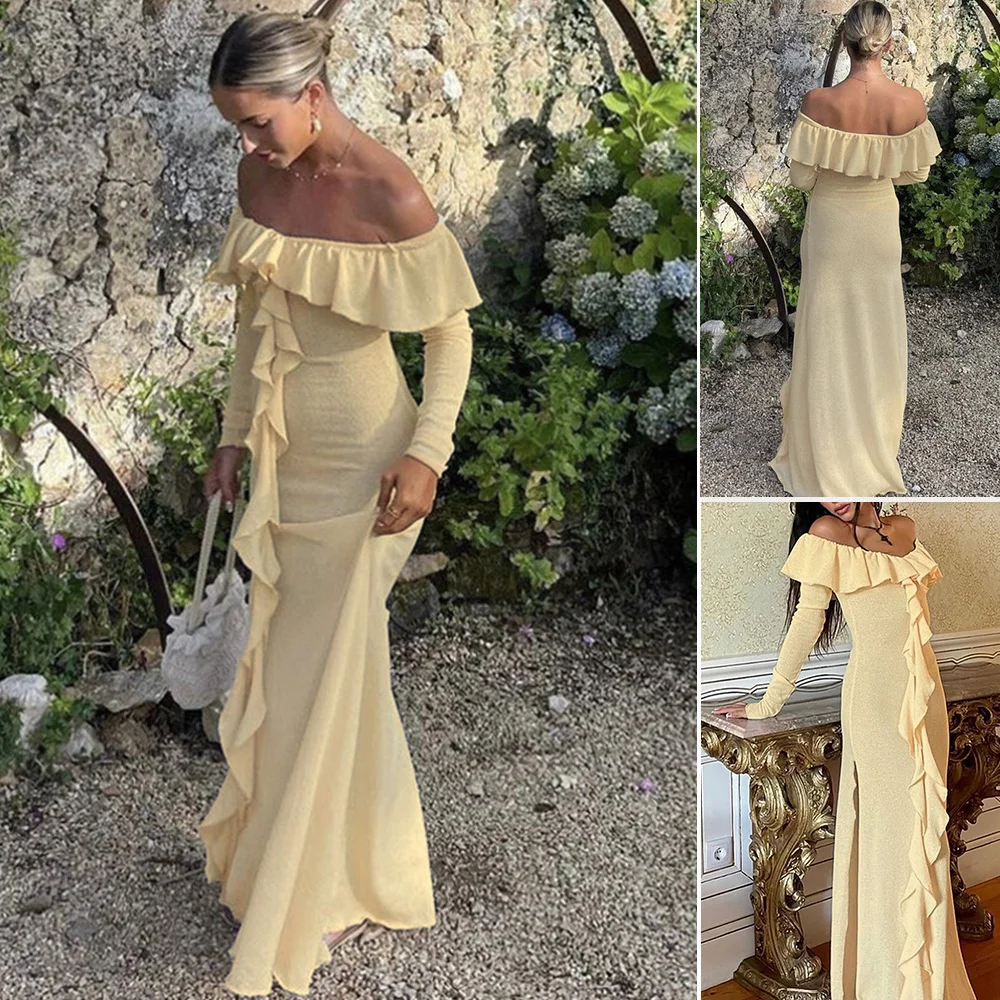 Vestido largo drapeado de manga larga con hombros descubiertos y abertura lateral para mujer, moda modesta de verano