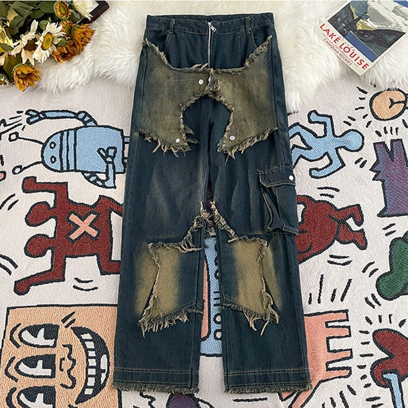 

Star Patchwork Denim Pants For Men Autumn Splicing Fringed Straight Leg Trousers American Retro Distressed Streetwear Jeans