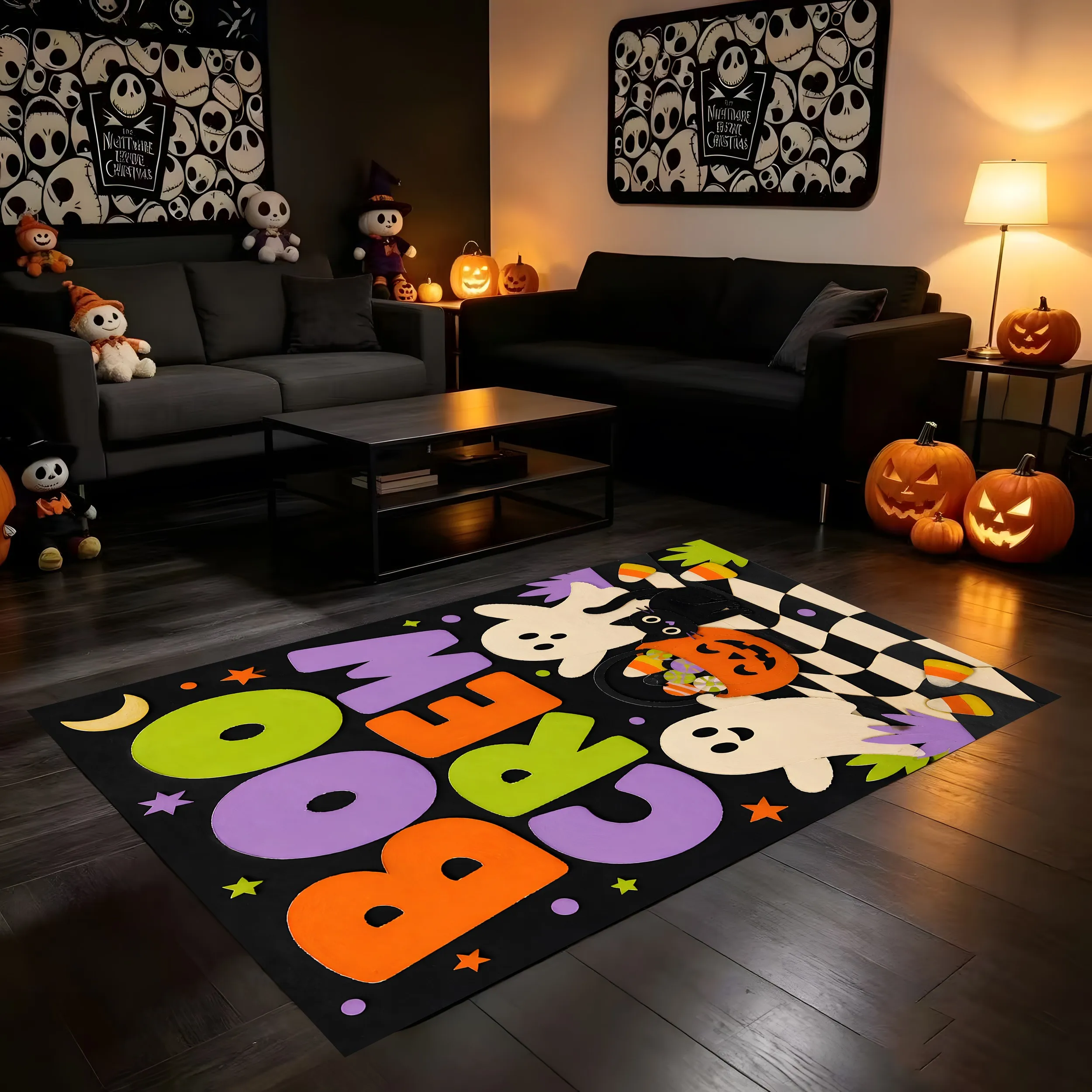 Velvet Rug Cartoon Ghost Pumpkin Black Cat Boo Crew Slogan Cute Style for Entryway Foyer Bedroom Decor