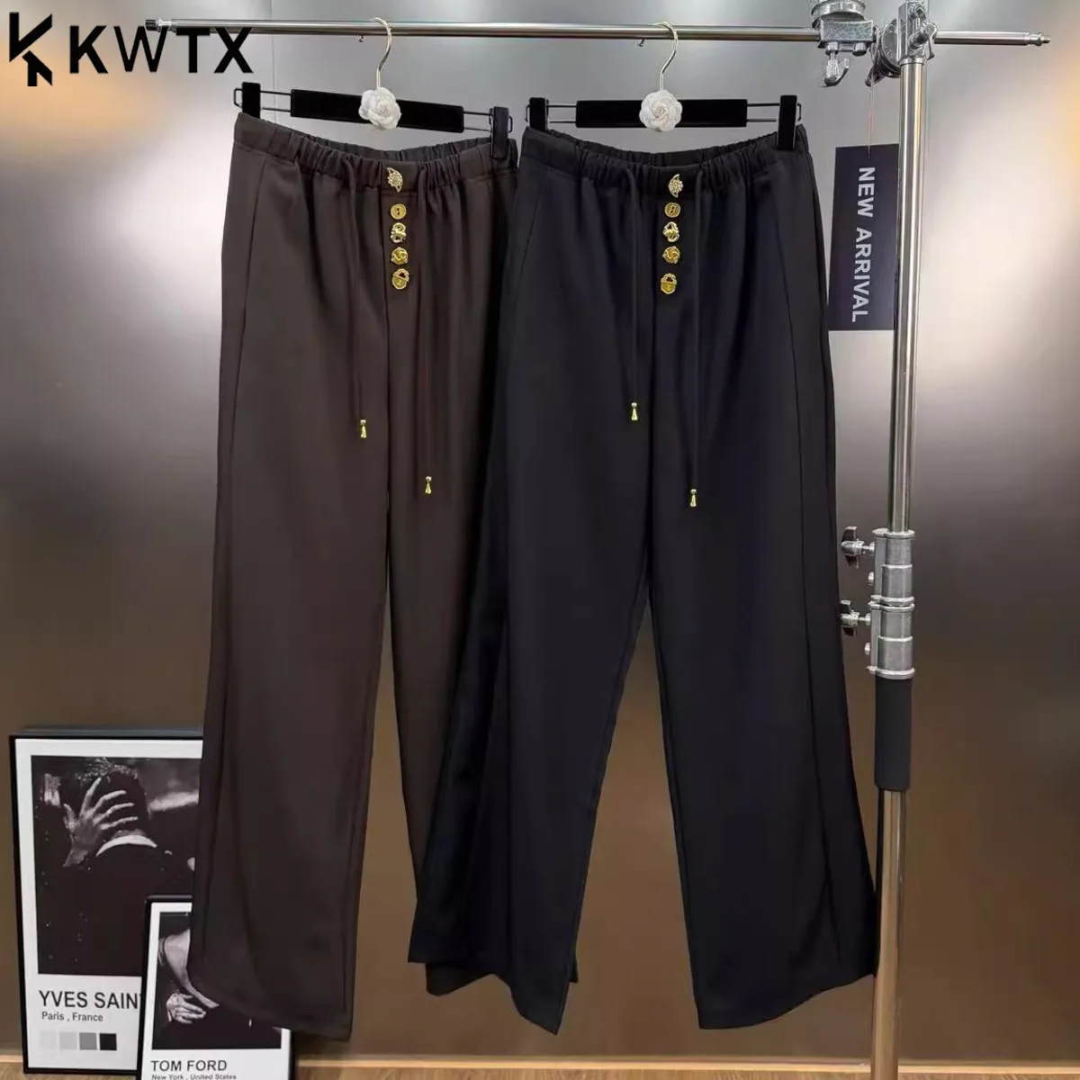 

KWTX 2026 New Arrival Women's Wide Trousers, Elastic Waist Drawstring Pants With Gold Decorative Buttons, Elegant Style Office