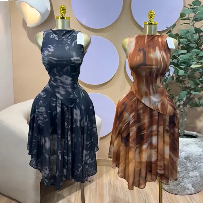 

Two Pieces Women Dress Sets Print Matching Sets Slash Neck Sleeveless Shirt Knee Length Empire Waist Skirt Casual 2026 Spring