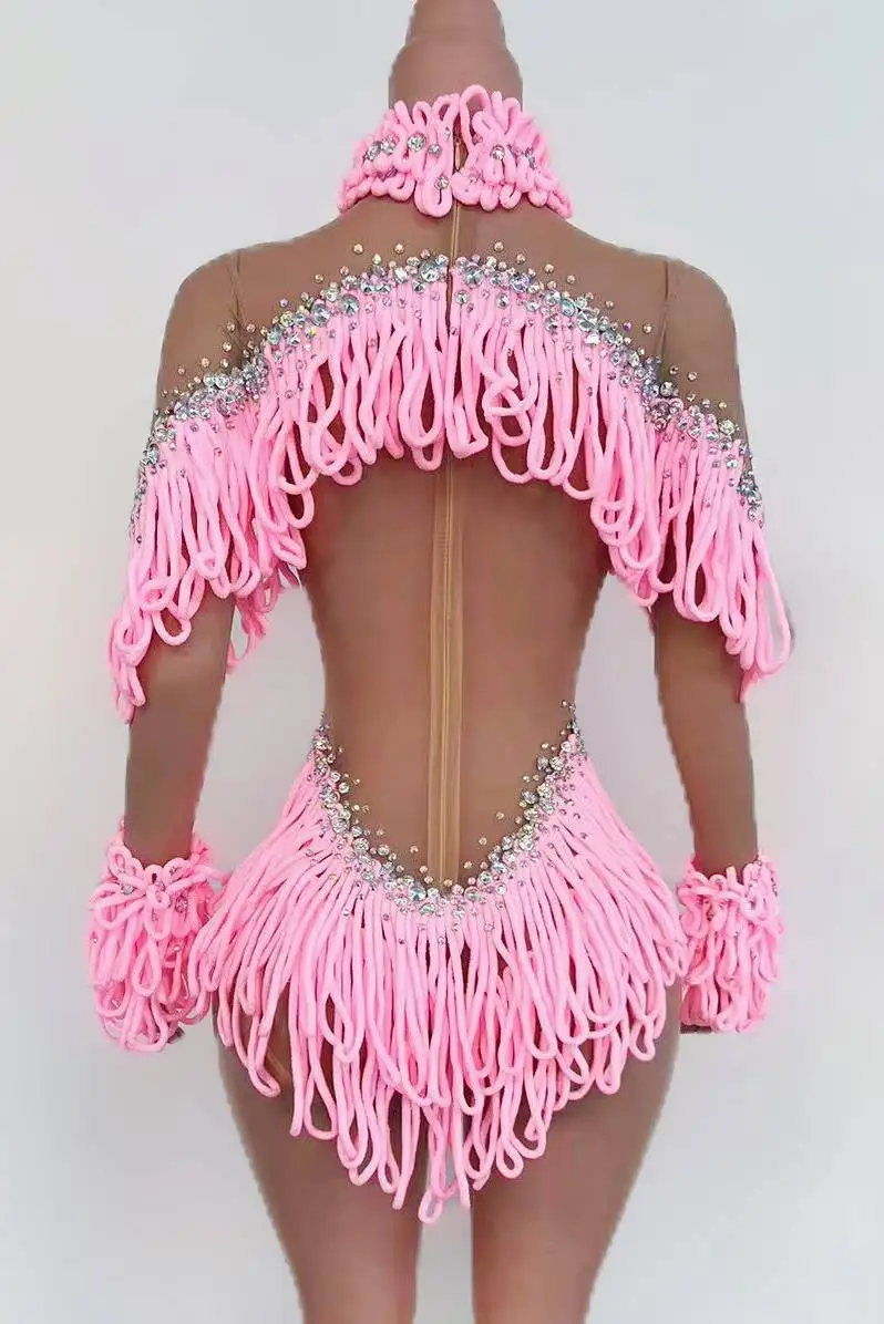 Błyszczące Dżety Różowe Frędzle Body Damskie Sexy Siateczka Prześwitujący Kostium Taneczny Urodzinowy Strój Sceniczny dla Tancerki