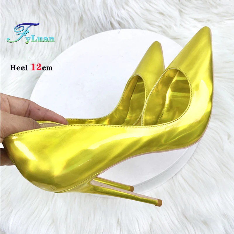 Gold Hologram High Heels Fashion Side Empty Women Laser Metallic Stiletto Pumps 8CM 10CM 12CM Ladies Pointed Wedding Party Shoes