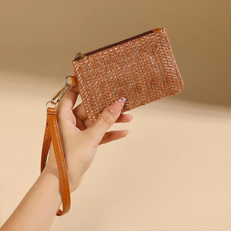 1PC Solid Color Straw Bag Fashion Ladies Wristlet Wallet Portable Coin Purse Holder Bag Lipstick Bag