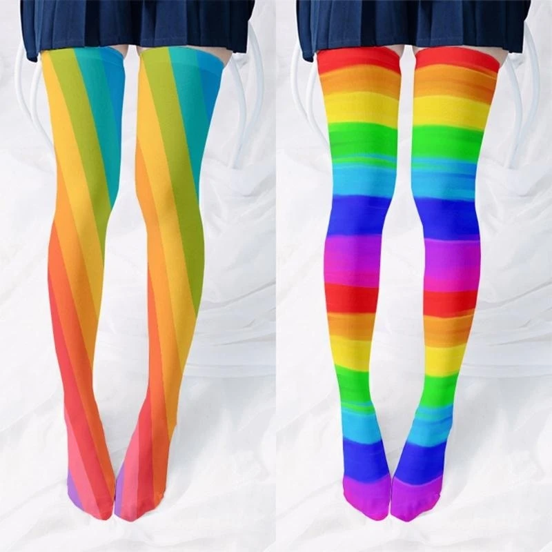 Y3NE السيدات الفخذ العليا الجوارب الطويلة مع قوس قزح متعدد الألوان مخطط نمط الحرير فوق الركبة جوارب الجوارب الجوارب للحفلات