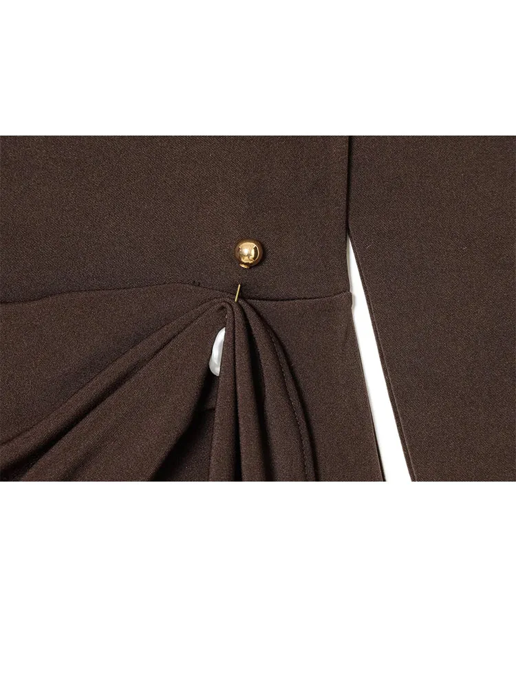 HH mujeres de manga larga Slash Neck Metal plisado decoración vestido Casual ajustado vestido largo femenino primavera sólido elegante vestido de fiesta