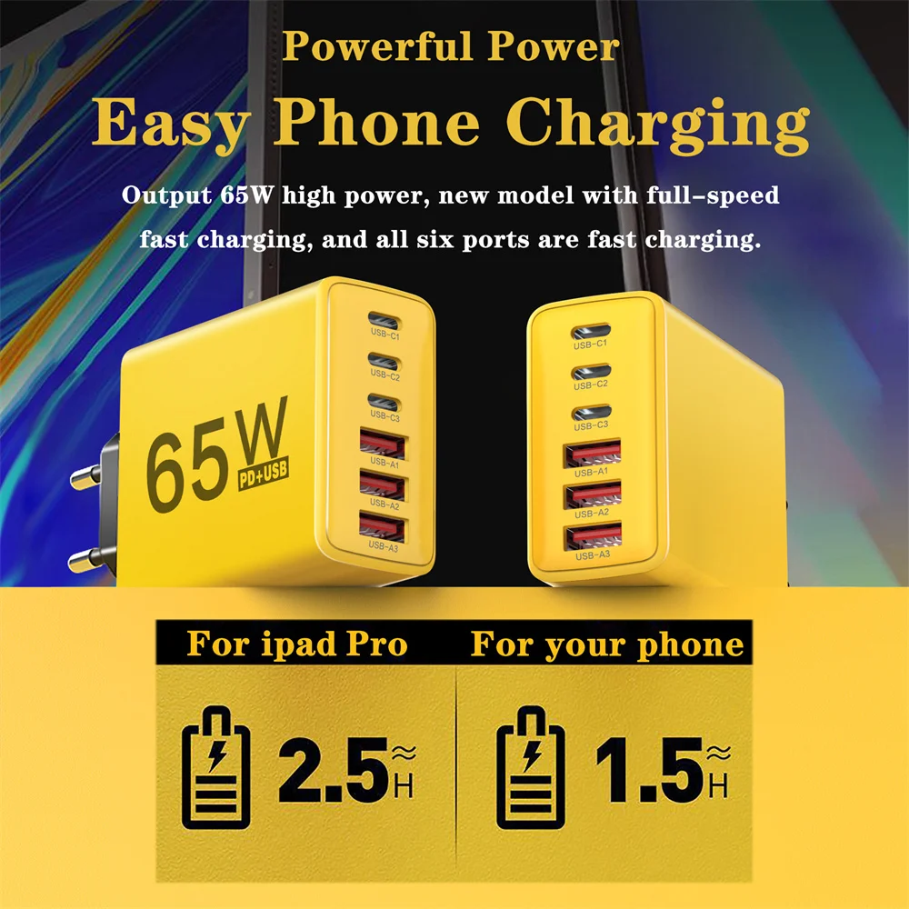 65W Multi Port USB C Fast Charging Wall Charger Universal PD QC Quick Charge Adapter EU US UK Plug for iPhone Samsung Xiaomi
